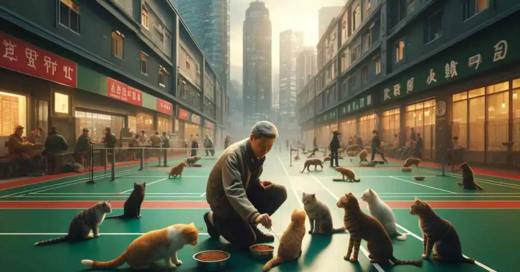 man feeding cats on badminton court