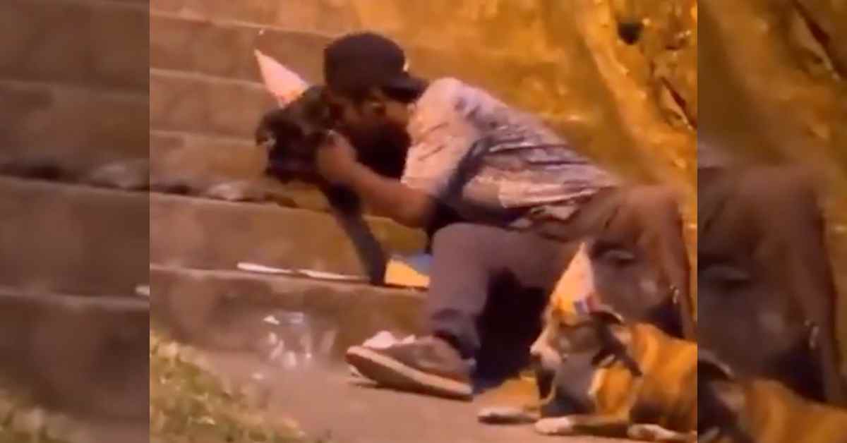 homeless man celebrating dogs birthday