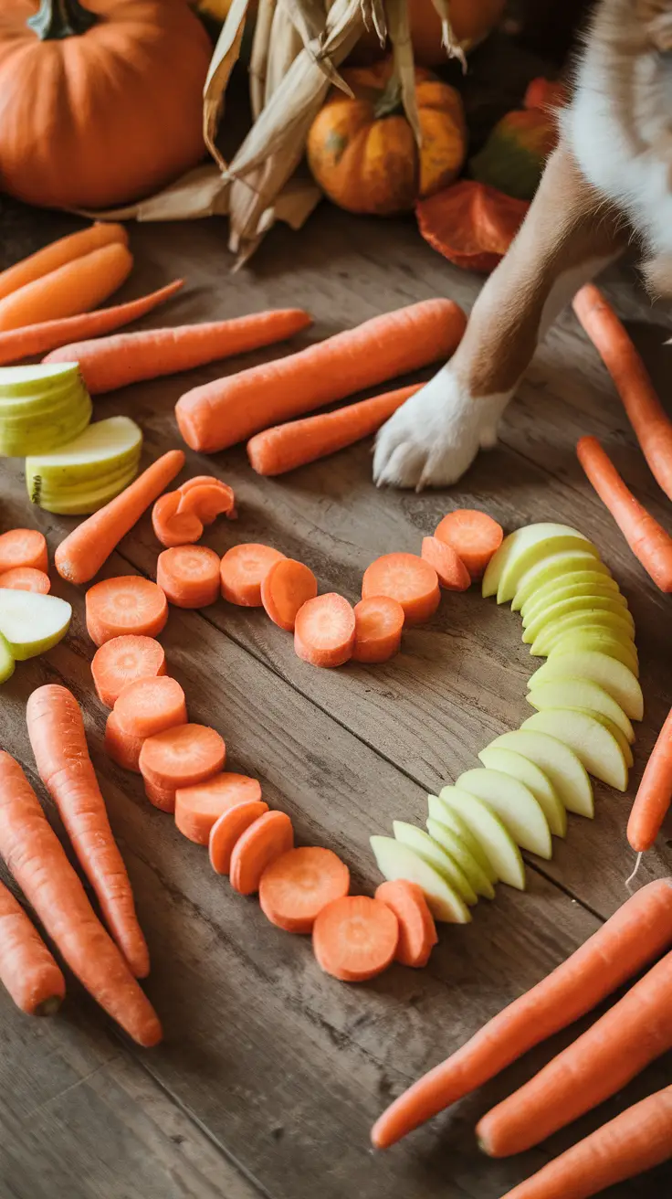 A display of fresh carrots and apples, symbolizing healthy ingredients for dog treats.