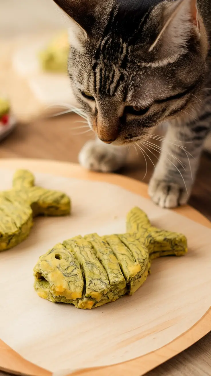 Delicious cheesy spinach cat treats shaped like fish