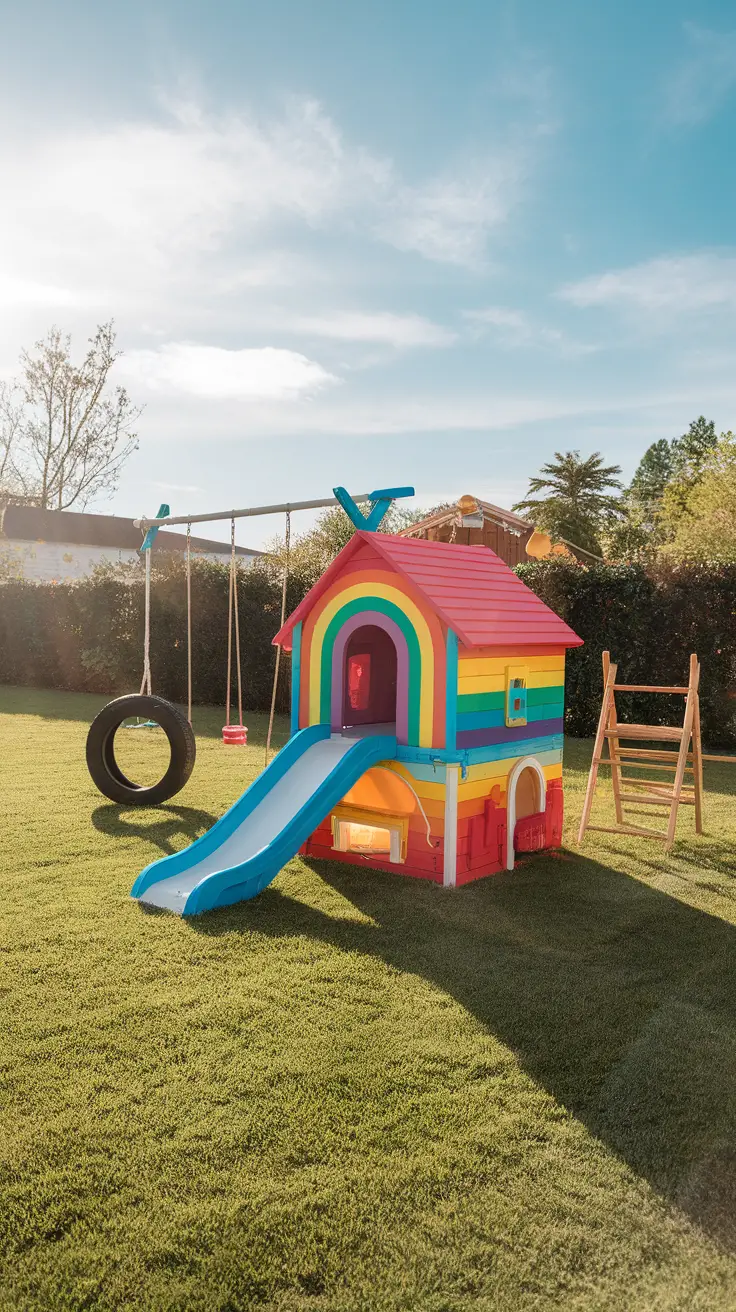 A colorful dog house with a slide in a sunny yard, surrounded by colorful balls and plants.