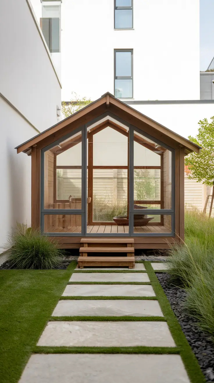 A contemporary dog house with large windows, wooden frame, and a small porch, situated in a lush garden.