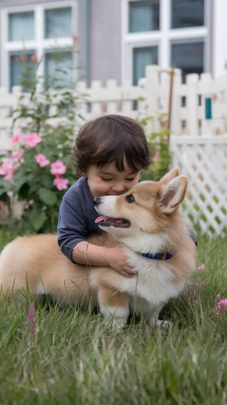 A child hugging a Corgi puppy in a garden with flowers.