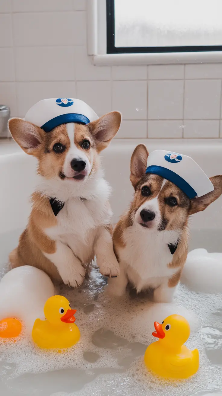 Two Corgi puppies in sailor hats enjoying a bubbly bath with rubber duck toys