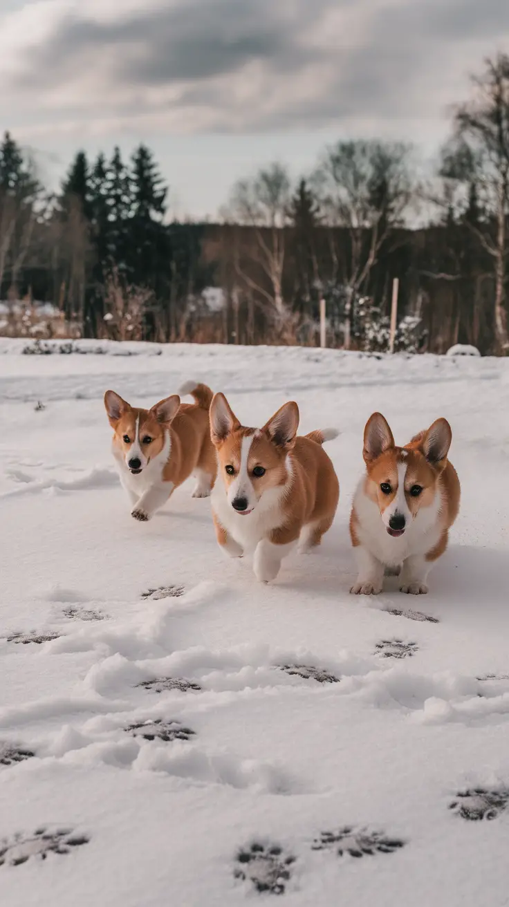 Three Corgi puppies play in the snow, leaving paw prints behind.