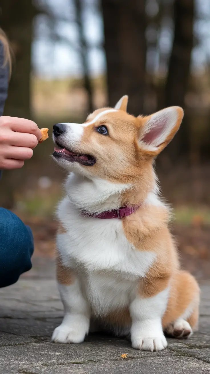 A cute baby corgi puppy eagerly waiting for a treat from a person.