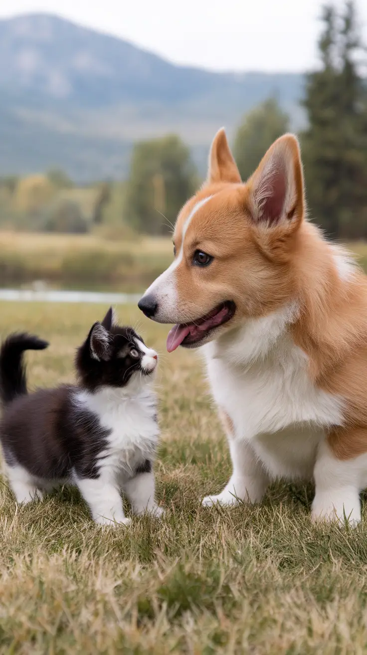 A baby Corgi and a kitten interact in a grassy field with mountains in the background.
