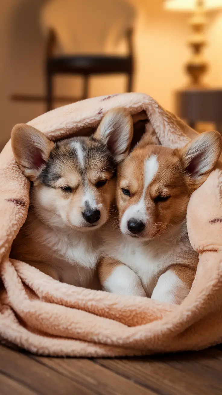 Two baby Corgi puppies sleeping together in a soft blanket