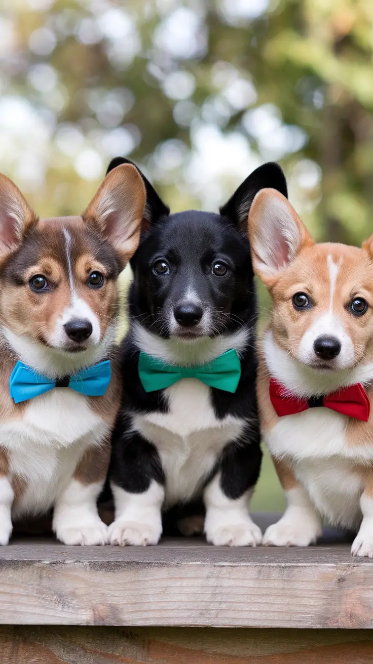 Three Corgi puppies wearing colorful bowties
