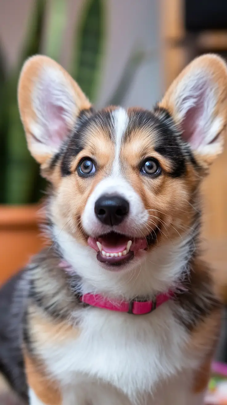 A smiling baby corgi puppy with bright blue eyes and fluffy ears, wearing a pink collar.