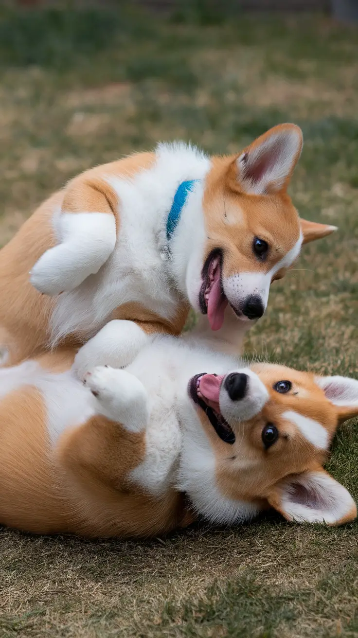 Two playful Corgi puppies rolling on the grass