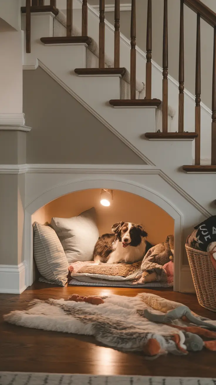 A cozy dog nook under stairs with a dog resting on cushions.