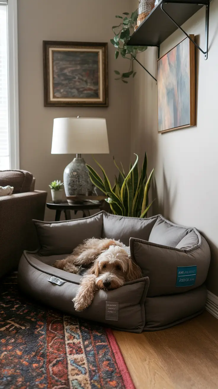 A small dog lounging comfortably in a cuddler dog bed with bolsters, set in a cozy living room corner.