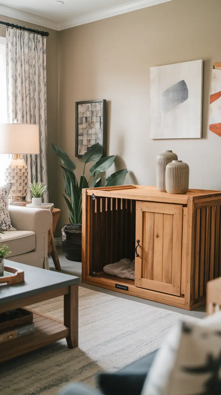 Stylish wooden dog crate serving as furniture in a modern living room