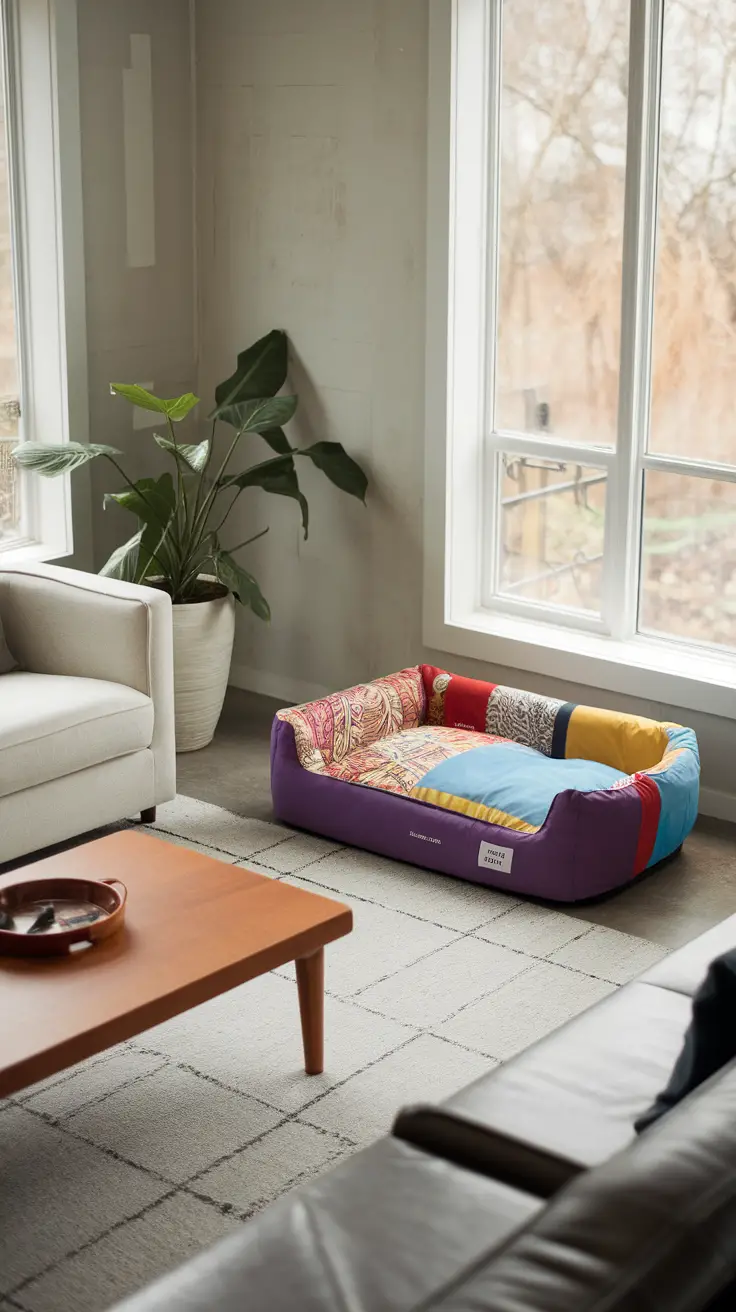 A colorful customizable dog bed with removable covers placed in a bright living room setting.