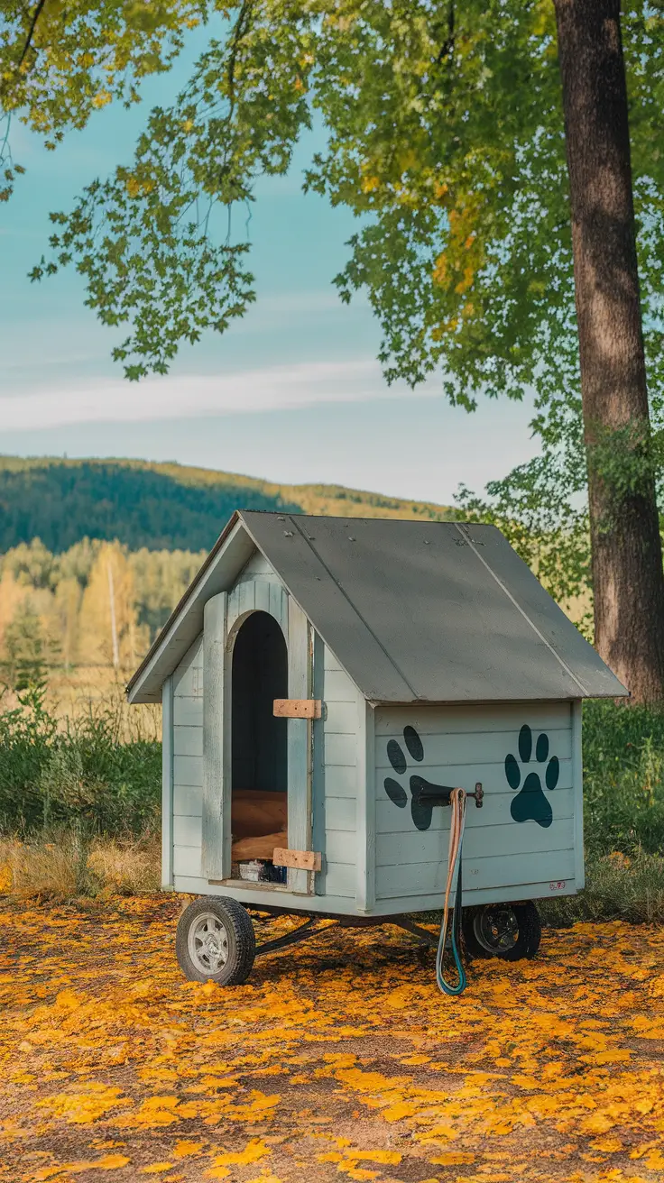 Dog house on wheels with paw prints, surrounded by autumn leaves and trees.