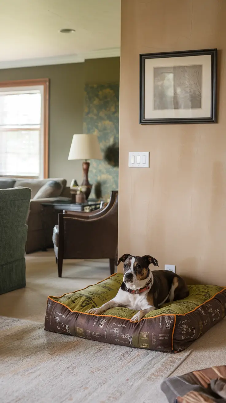 A dog resting on an eco-friendly bed in a stylish living room, surrounded by furniture and decor.