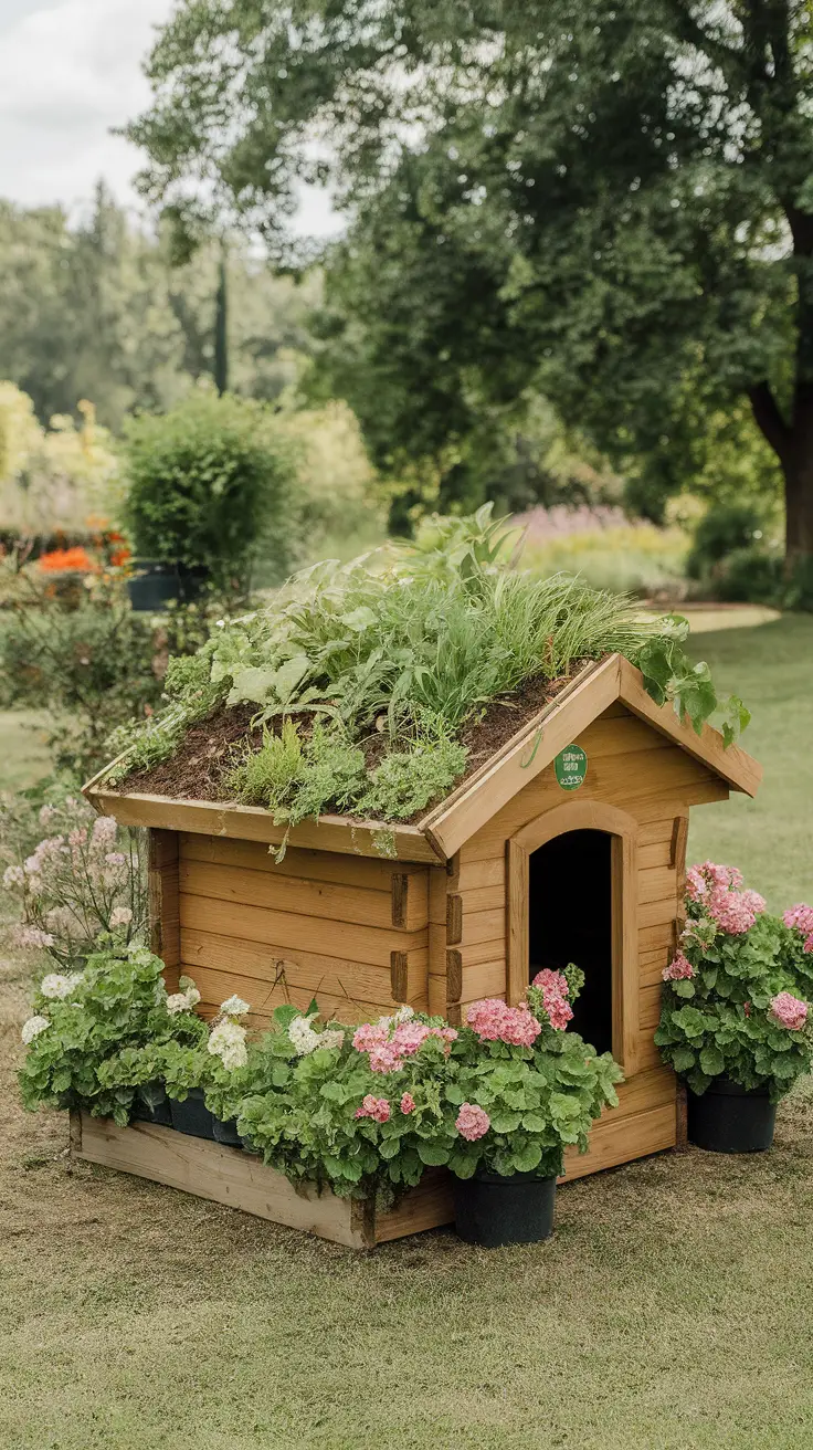 Eco-friendly wooden dog house with a green roof and colorful flowers