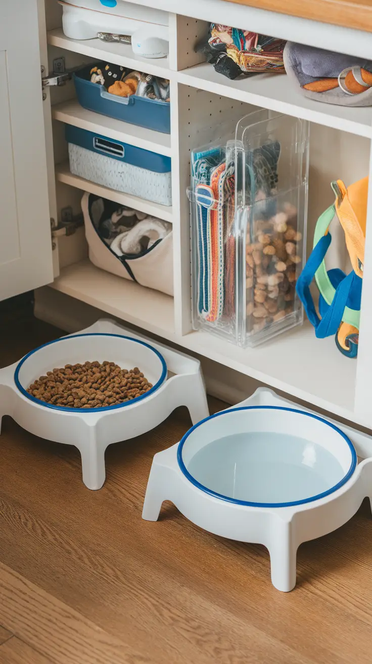 Functional dog feeding station with two bowls and a storage compartment