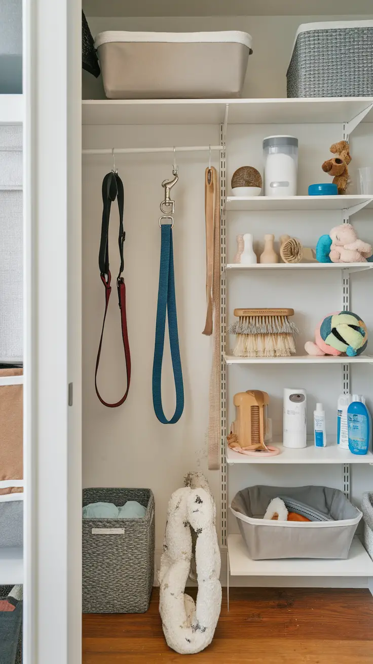 Organized storage area for dog gear with leashes, grooming supplies, and storage bins.