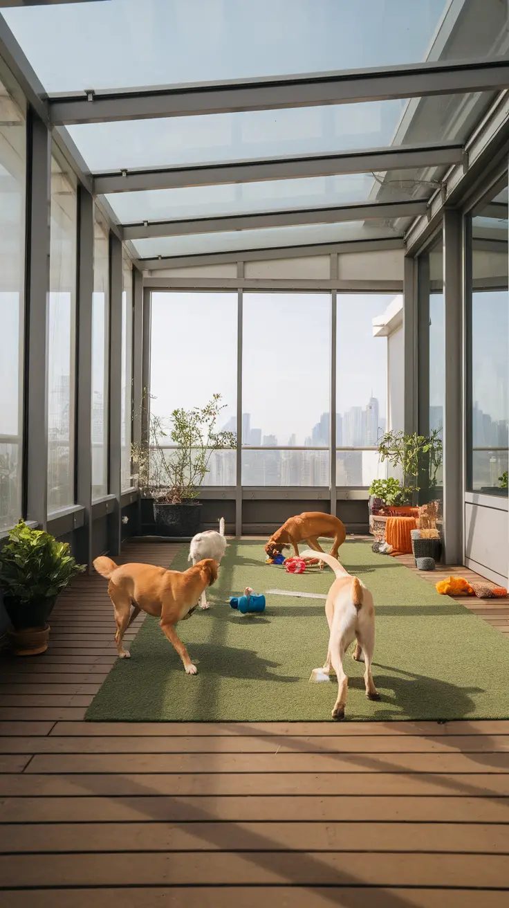 An indoor dog play zone filled with colorful toys and a dog exploring the area.