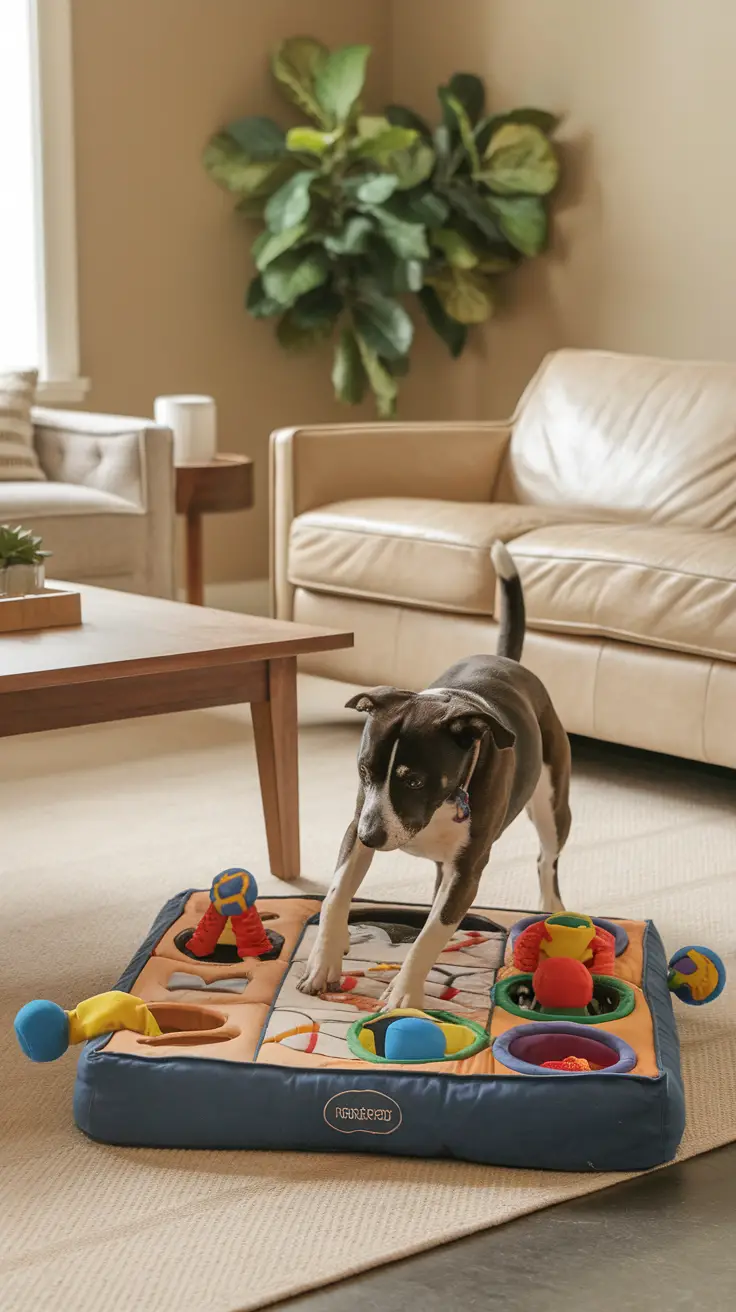 A dog playing with a colorful interactive puzzle dog bed in a cozy room.