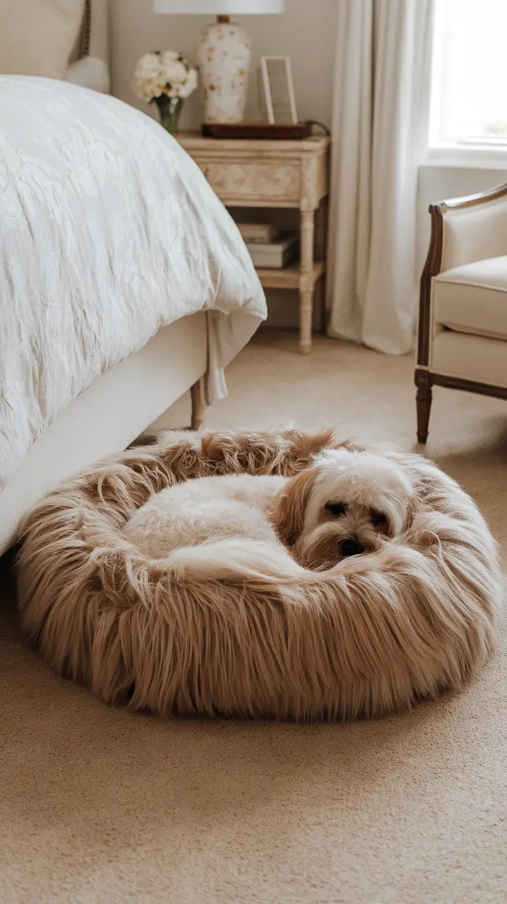 A fluffy faux fur dog bed with a small dog resting inside it, set in a cozy bedroom