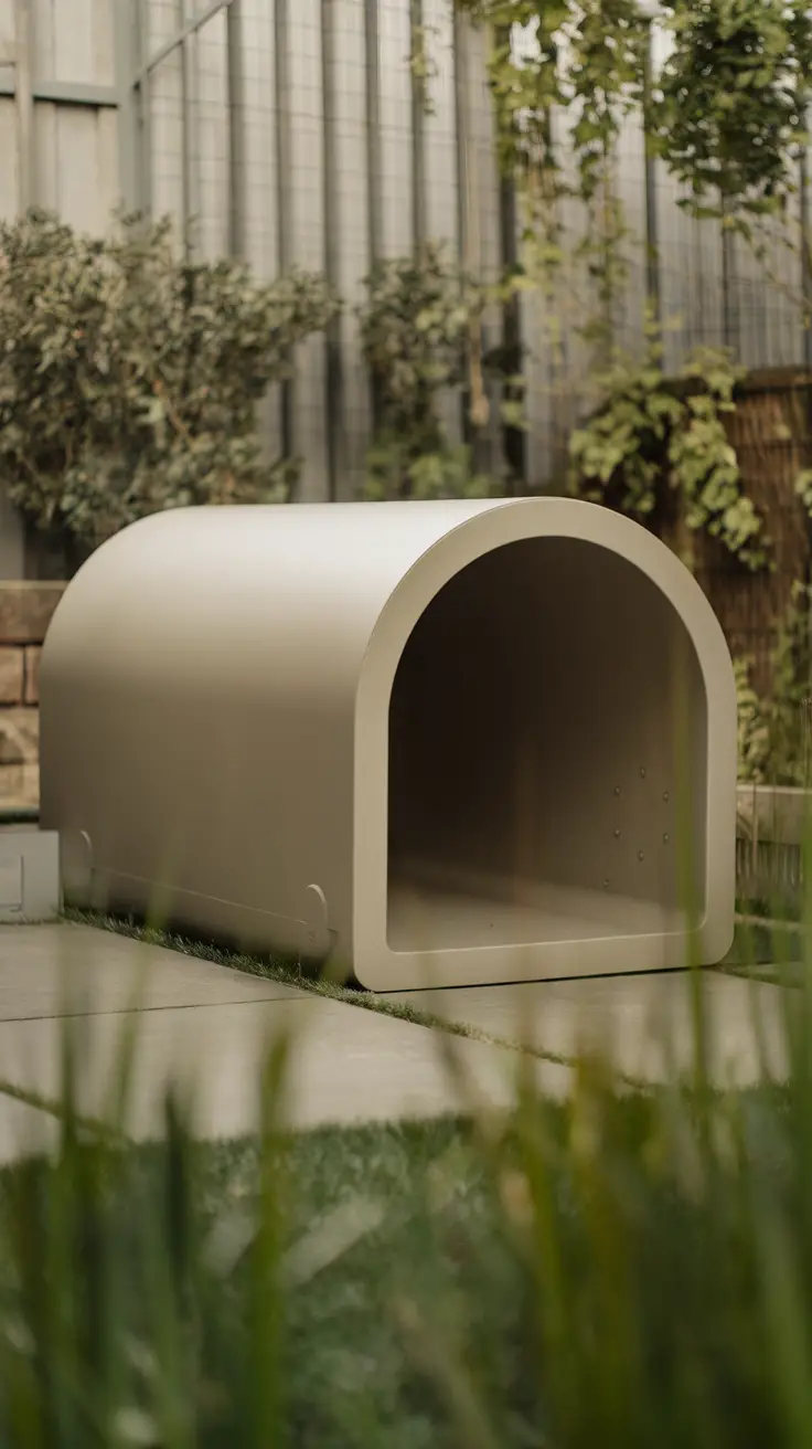 A modern minimalist dog house with a rounded design, set in a garden