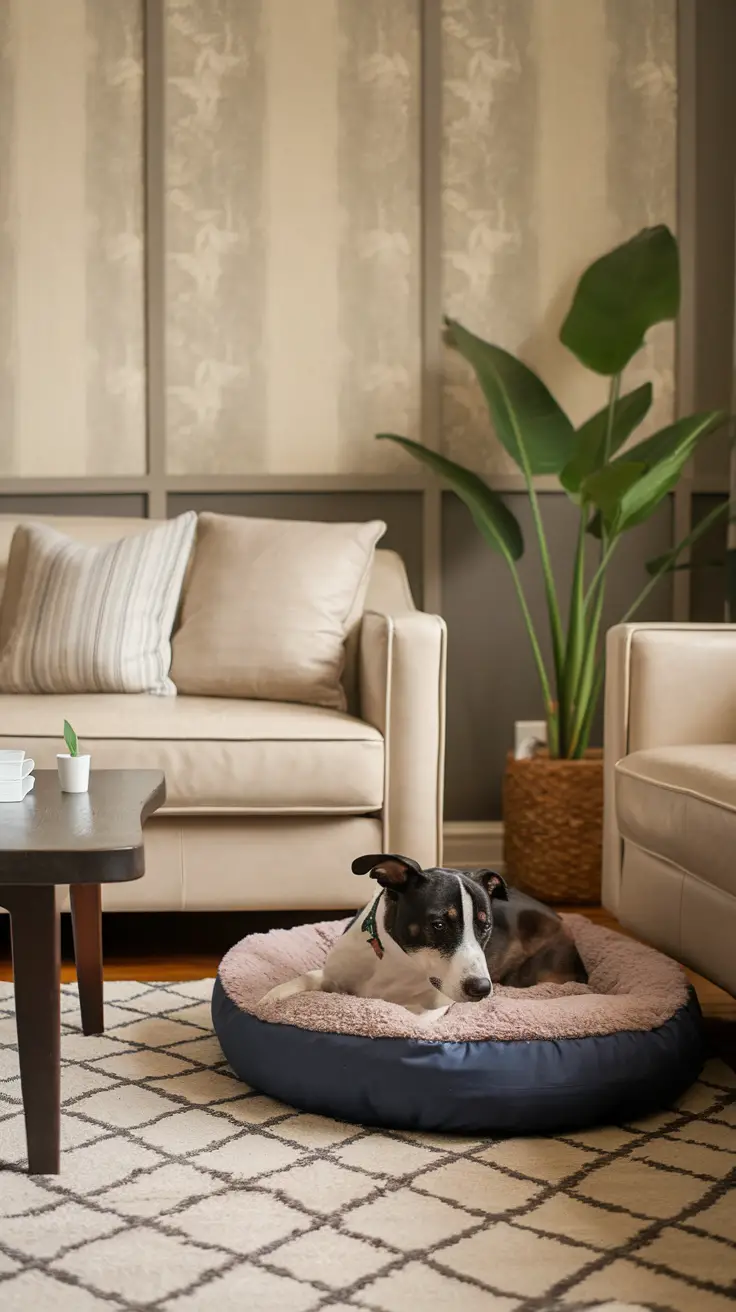 A dog resting on a cozy orthopedic memory foam bed in a stylish living room setting.