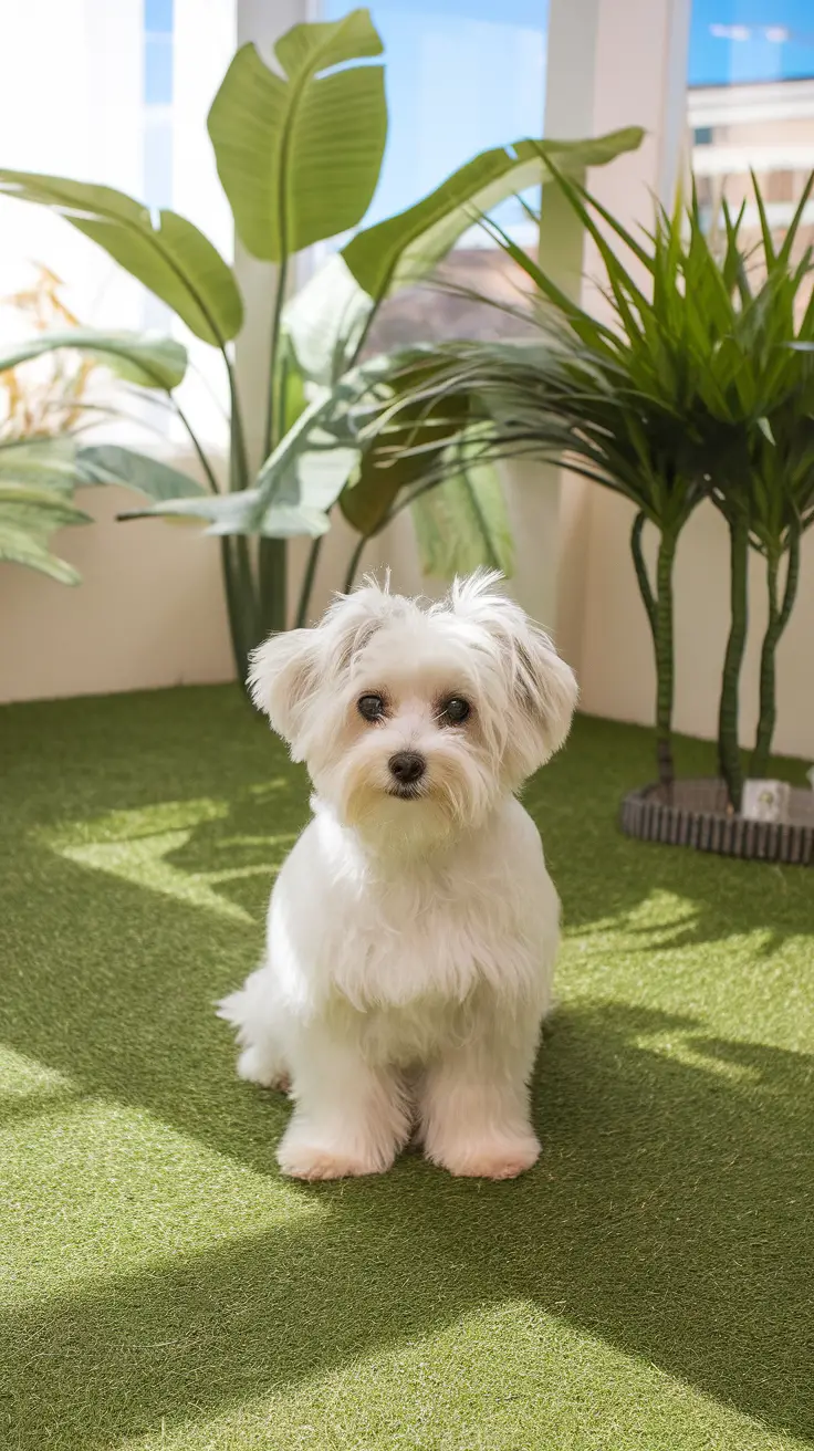 Small dog sitting on artificial grass in a bright indoor space with plants.