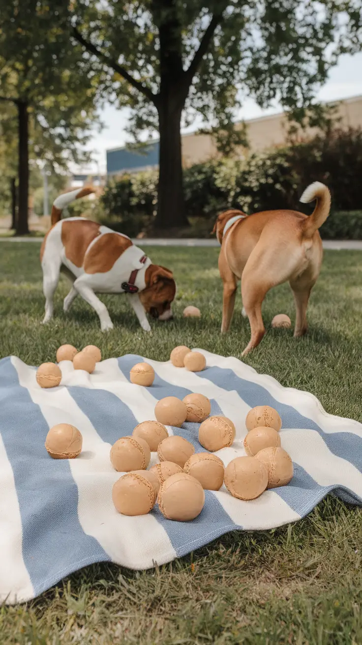 Peanut butter and banana dog balls spread out on a blue and white striped blanket in a park.