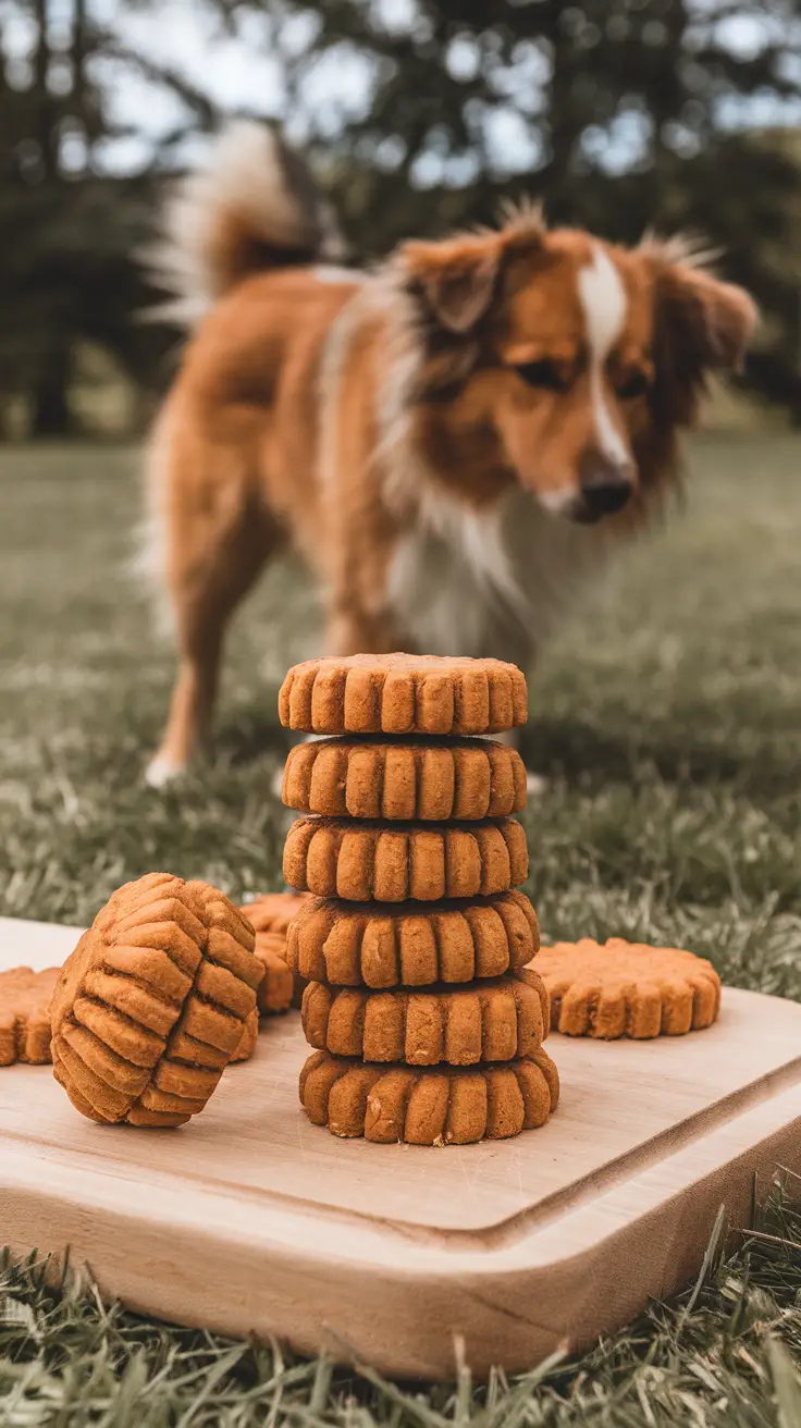 Stack of peanut butter pumpkin dog biscuits on a wooden board.