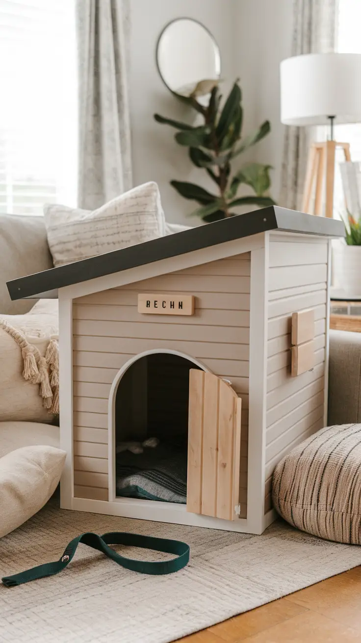 A stylish personalized dog house in a living room, blending with modern decor.