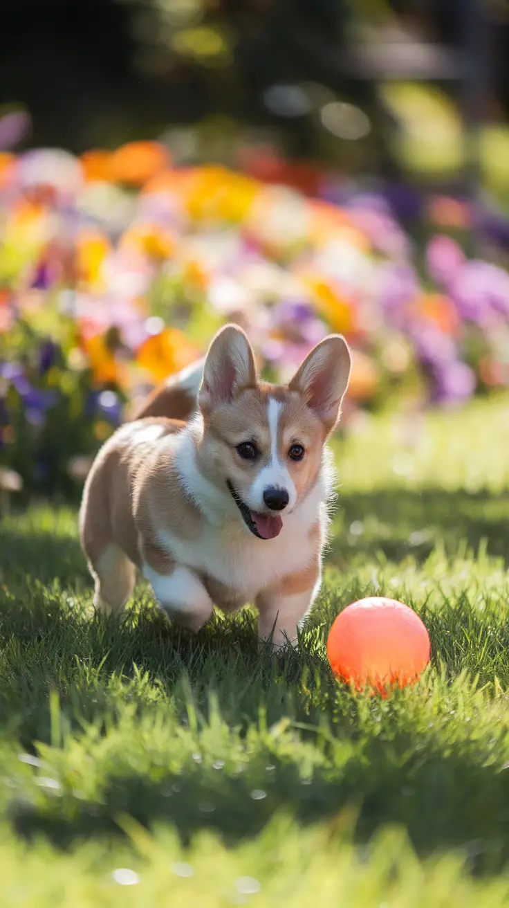 A playful baby corgi puppy running on grass with a bright orange ball.