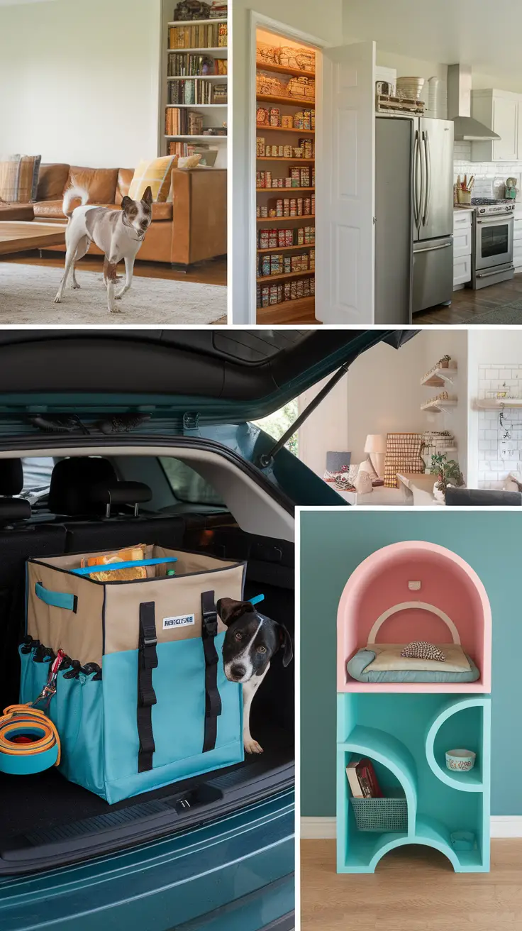 Image showing portable dog food storage solutions for travel, including a trunk organizer and stylish indoor storage.