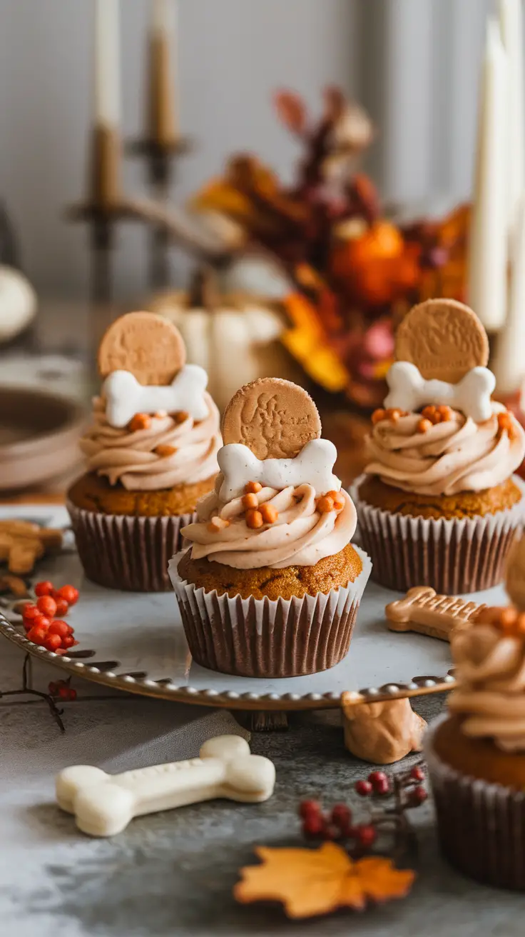 Delicious pumpkin spice dog cupcakes topped with frosting and dog-shaped cookies.