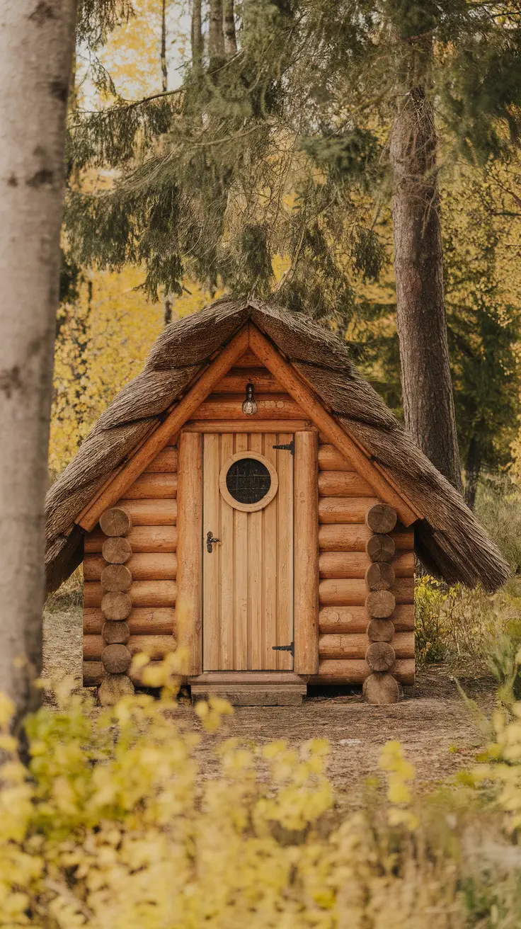 A rustic wooden dog cabin with a thatched roof and round window, surrounded by trees.