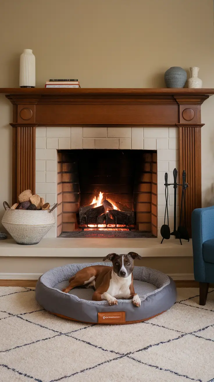 A self-warming dog bed by a fireplace, featuring a dog resting comfortably inside.