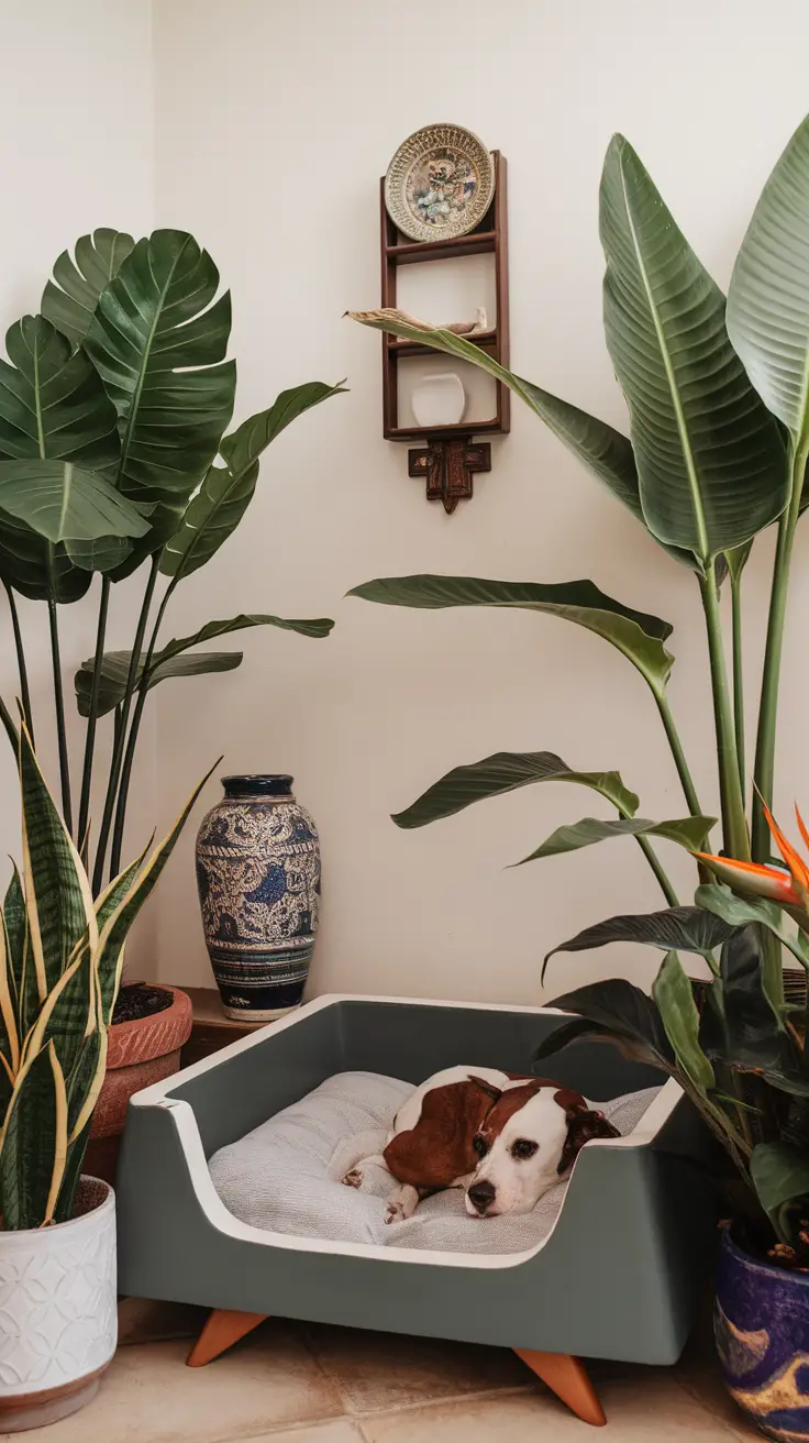 A stylish corner featuring a modern dog bed surrounded by various indoor plants.