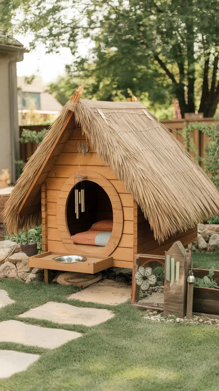 Stylish dog house with a thatched roof and built-in feeding station in a garden setting