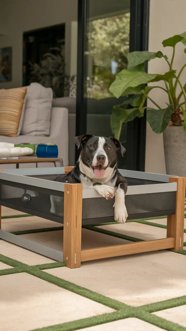 A stylish elevated dog bed with a happy dog lounging in it