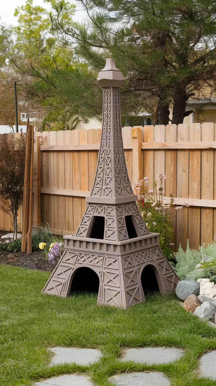 A dog house designed like the Eiffel Tower, set in a backyard with plants and a wooden fence.