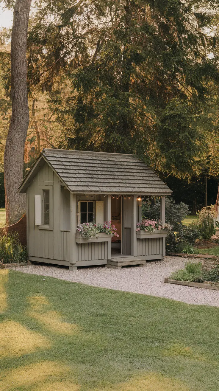 A traditional dog house with a porch surrounded by trees and flowers.