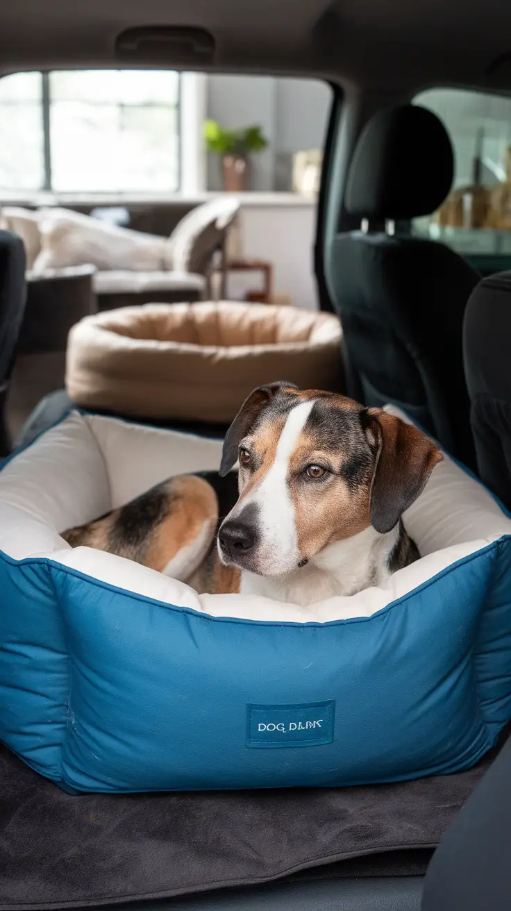 A dog resting comfortably in a travel-friendly dog bed inside a car.