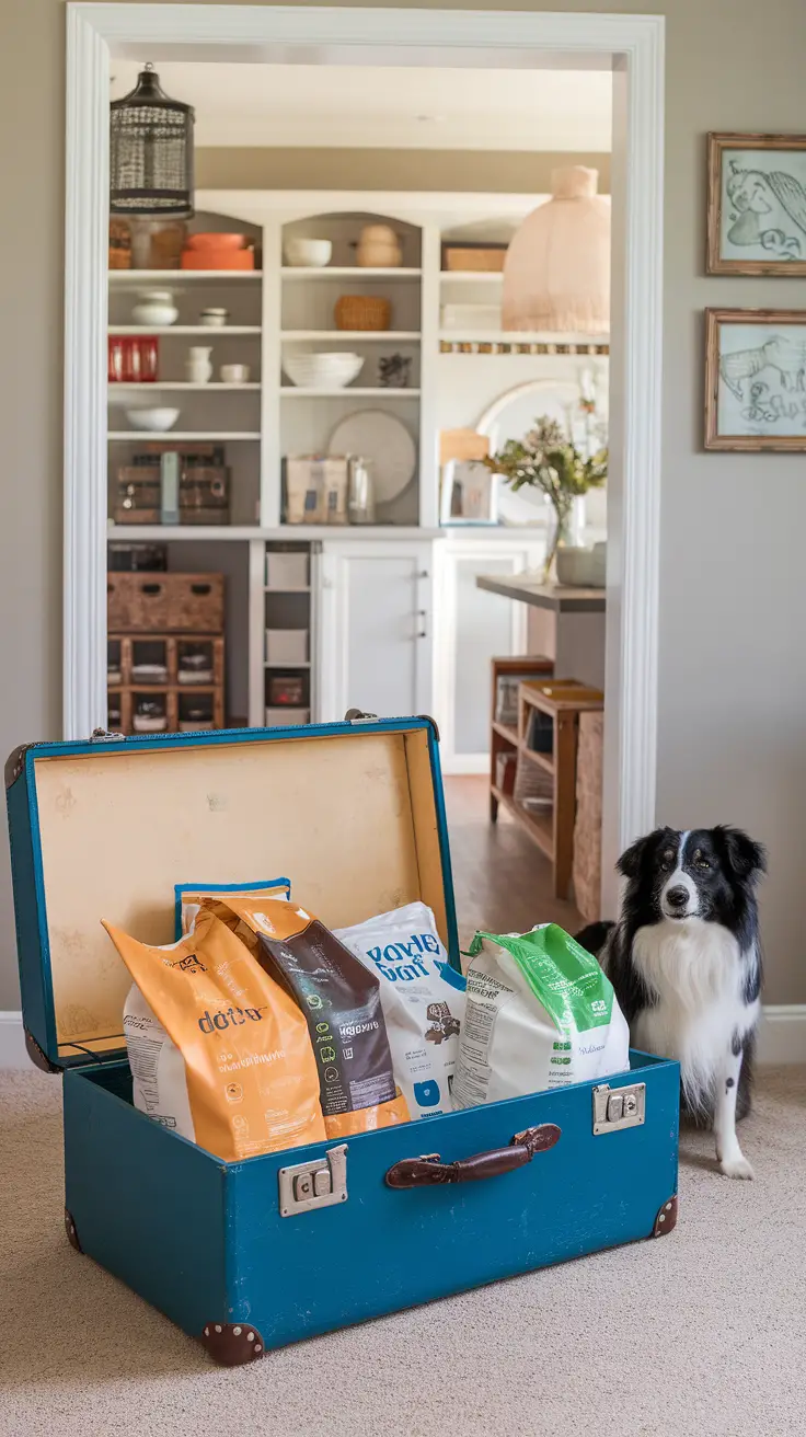 A vintage blue suitcase filled with dog food bags, with a dog sitting beside it.