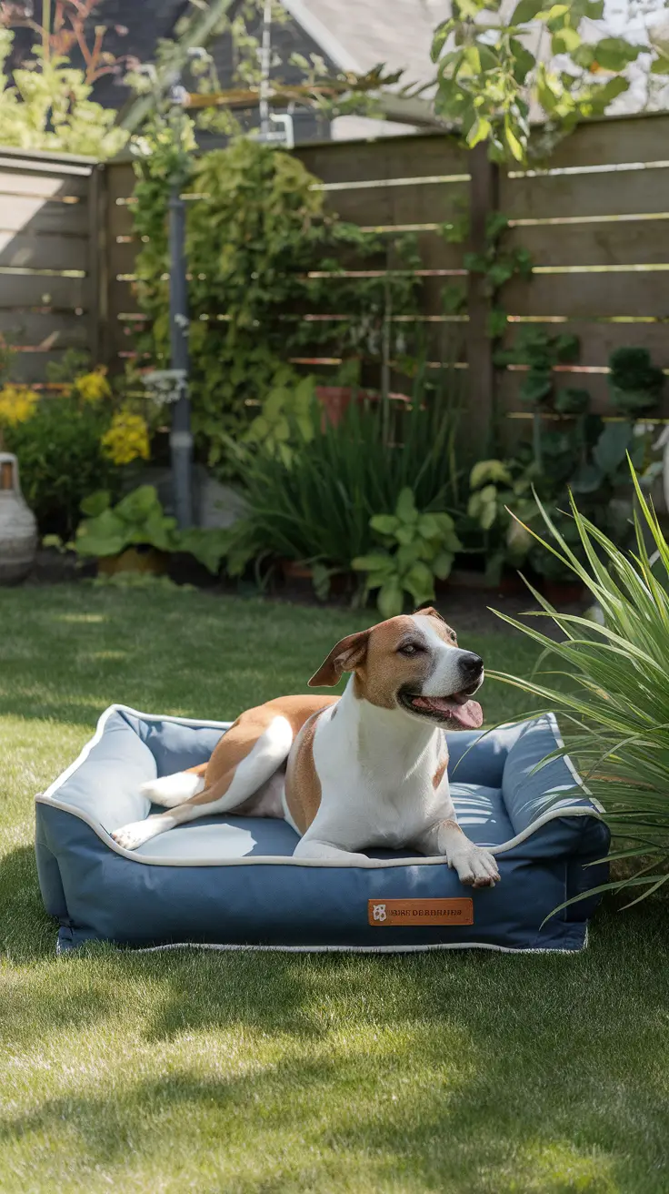 A happy dog lounging on a waterproof outdoor dog bed in a garden.